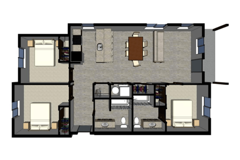 Floor plan for 3 beds, 2 baths, 1080 sqft